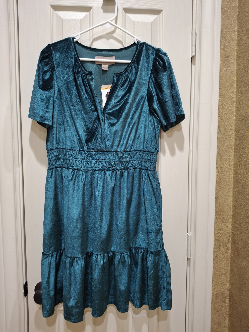 French Connection Shimmer Green V-Neck Tiered Dress